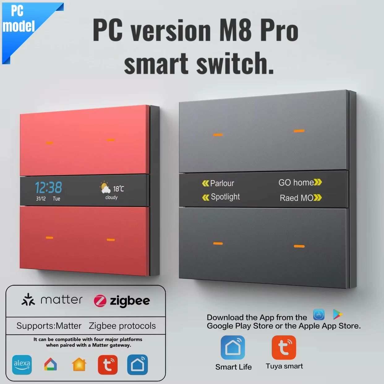 M8Pro Tuya Smart Switch (PC) Zigbee 3.0, Weather/Clock Display, 4 Programmable Buttons, Multi-Device Control.