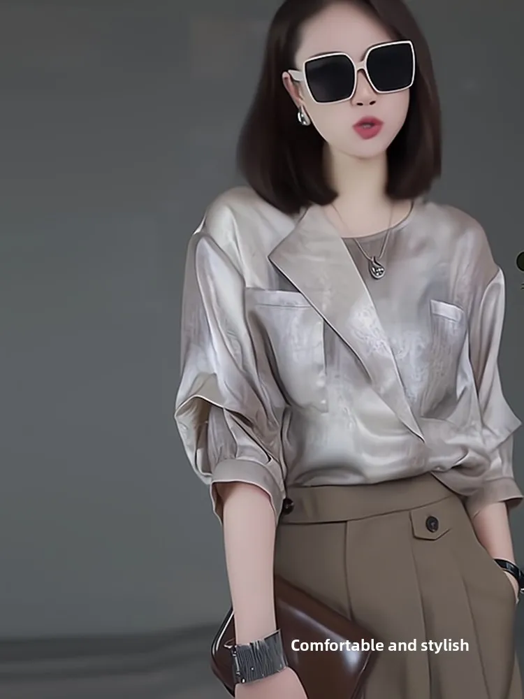 

Fashionable Gradient Short Sleeve Shirt Women's Summer New Style Light Maturity Uneven Korean Version Loose Fit Daily Wear