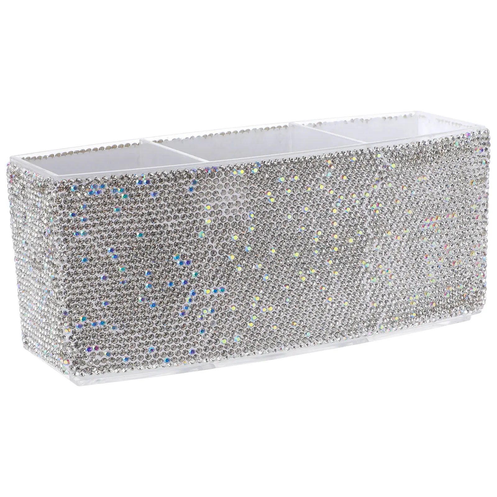

Luxury Rectangular Bling Makeup Brush Holder with 3 Compartments Sparkling Rhinestone Vanity Organizer for Desk Storage