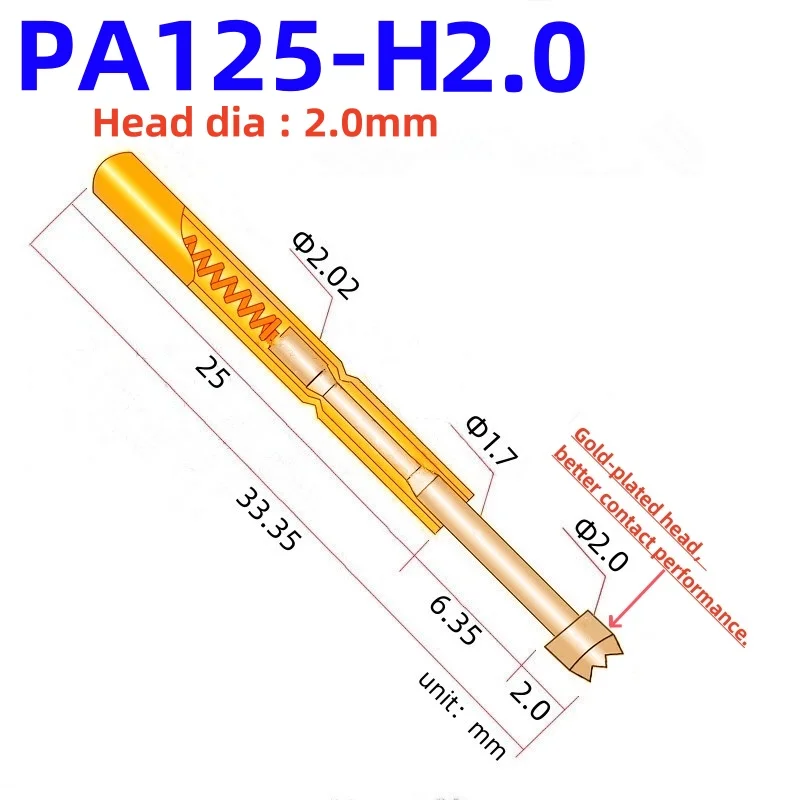 

20/100PCS SpringTest Pin PA125-H 33.35mm 2.02mm 9-claw Tip PA125-H2 Head Dia 2mm Needle Spring Test Probe P125-H2 PogoPin P125-H