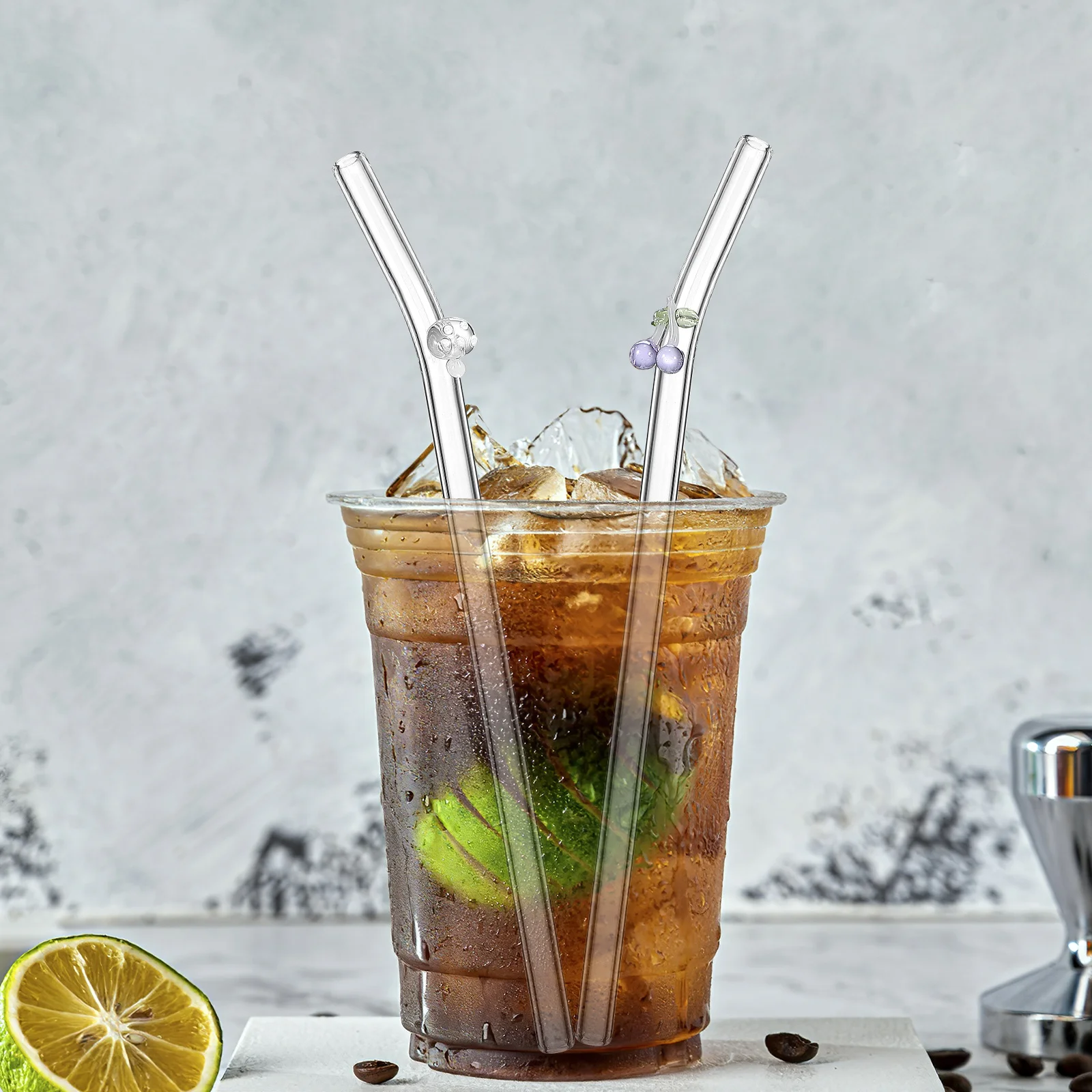 

1Set Reusable Glass Straw Set Clear Drinking Glass Straws Mushroom Cherry Charm Curved Design Easy Clean Brush Household Bar