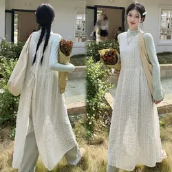White Lace Vest Strap Dress Fairy Early Spring Summer Layering Set Elegant Beach Vacation Long Skirt Fashionable Women's Set