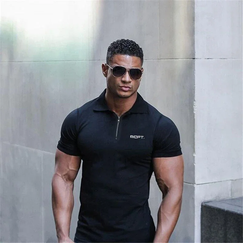 Muscleguys Fashion Polo Shirt Men Sports Short Sleeve T-shirt Cotton Slim Fit Polo Shirt Men Compression Clothing Fitness Polos