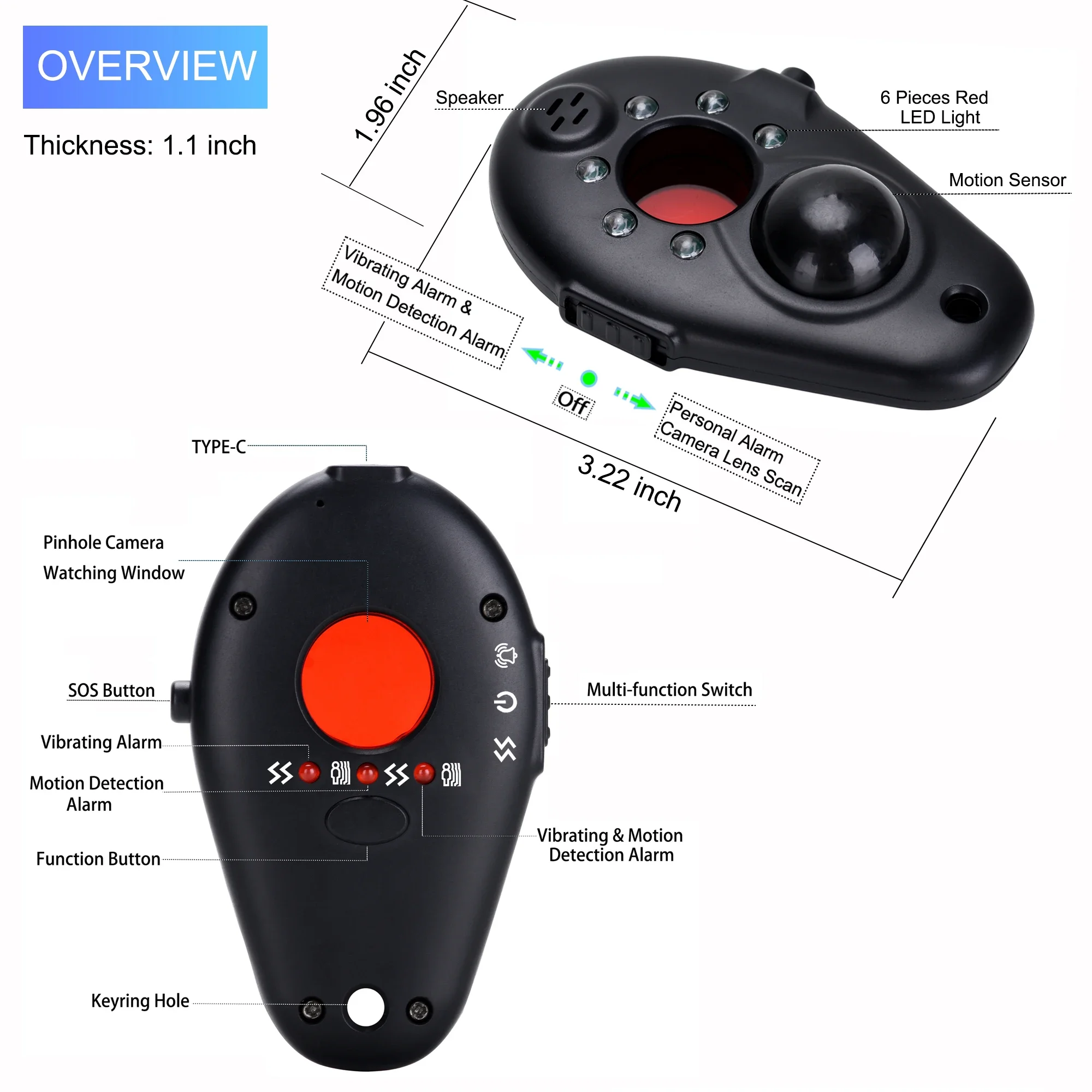 Bug mini Camera Alarm 130DB Persoonlijk Beveiligingsalarm Noodveiligheidsalarm voor vrouwen, mannen, kinderen Spy Camera Scanner Spy Things