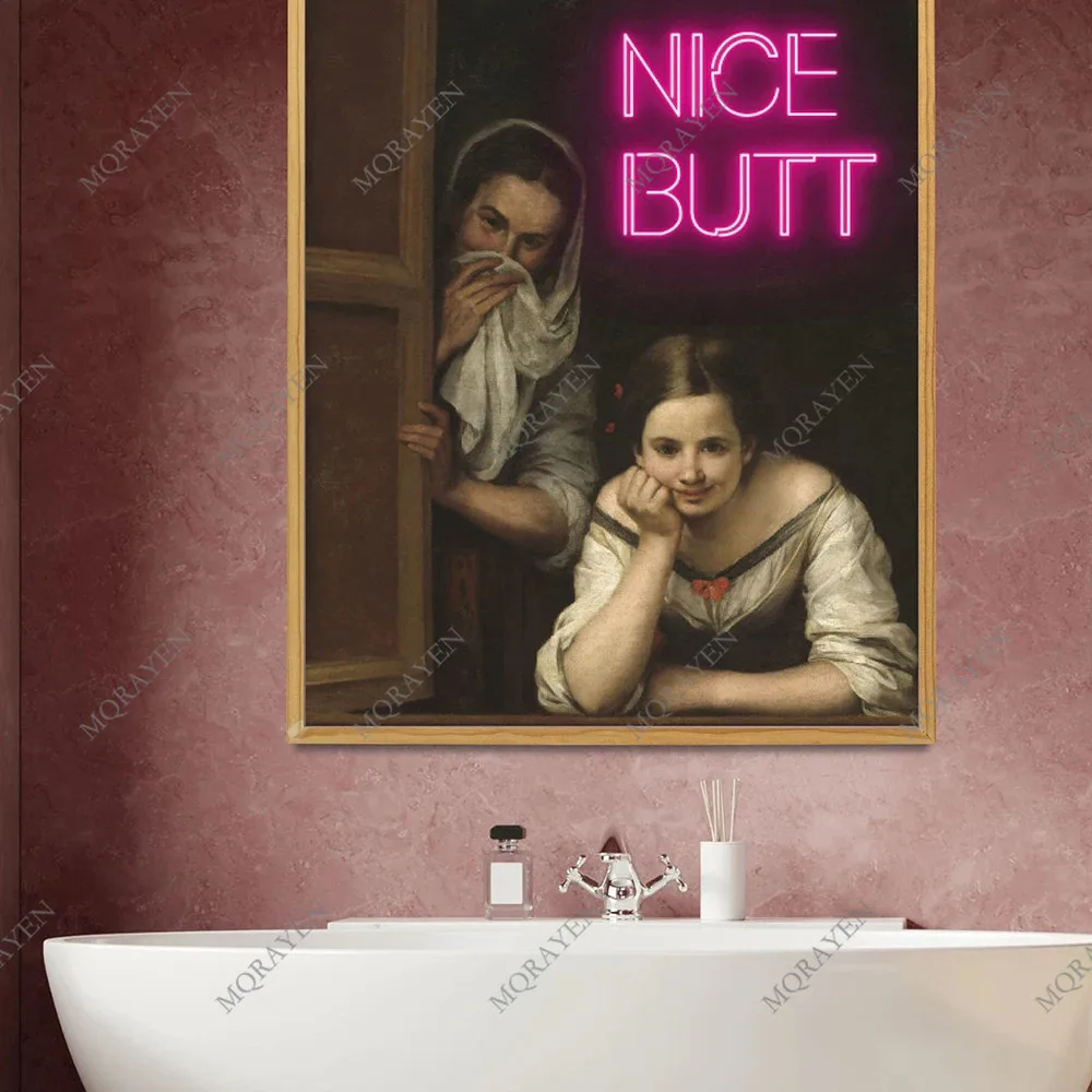 Vintage Nice Butt Neon Print Canvas Painting Funny Bathroom Poster Prank Gift Toilet Sign Wall Art Picture Girly Room Home Decor