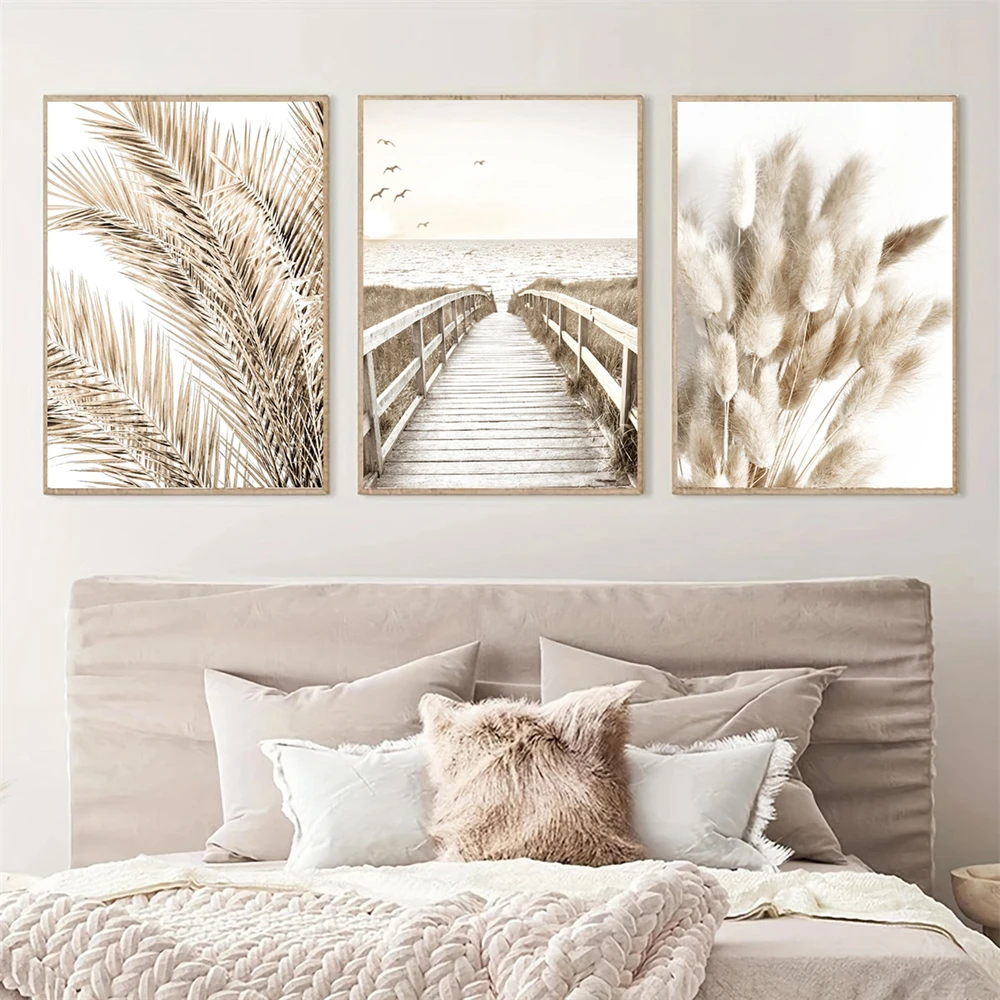 

Beige Scenery Pampas Grass Poster Reed Wall Art Canvas Painting Seagull Bridge Print Nordic Wall Pictures Living Room Home Decor