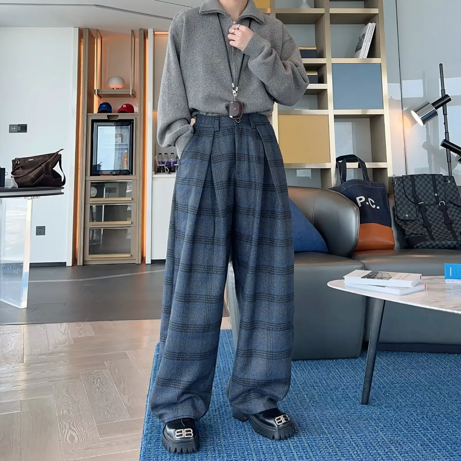 

Thiened Woolen Plaid Pants Street Sle Loose Fit mid Waist Youth Faionable Versatile Artistic Personali Trendy Lazy Sle