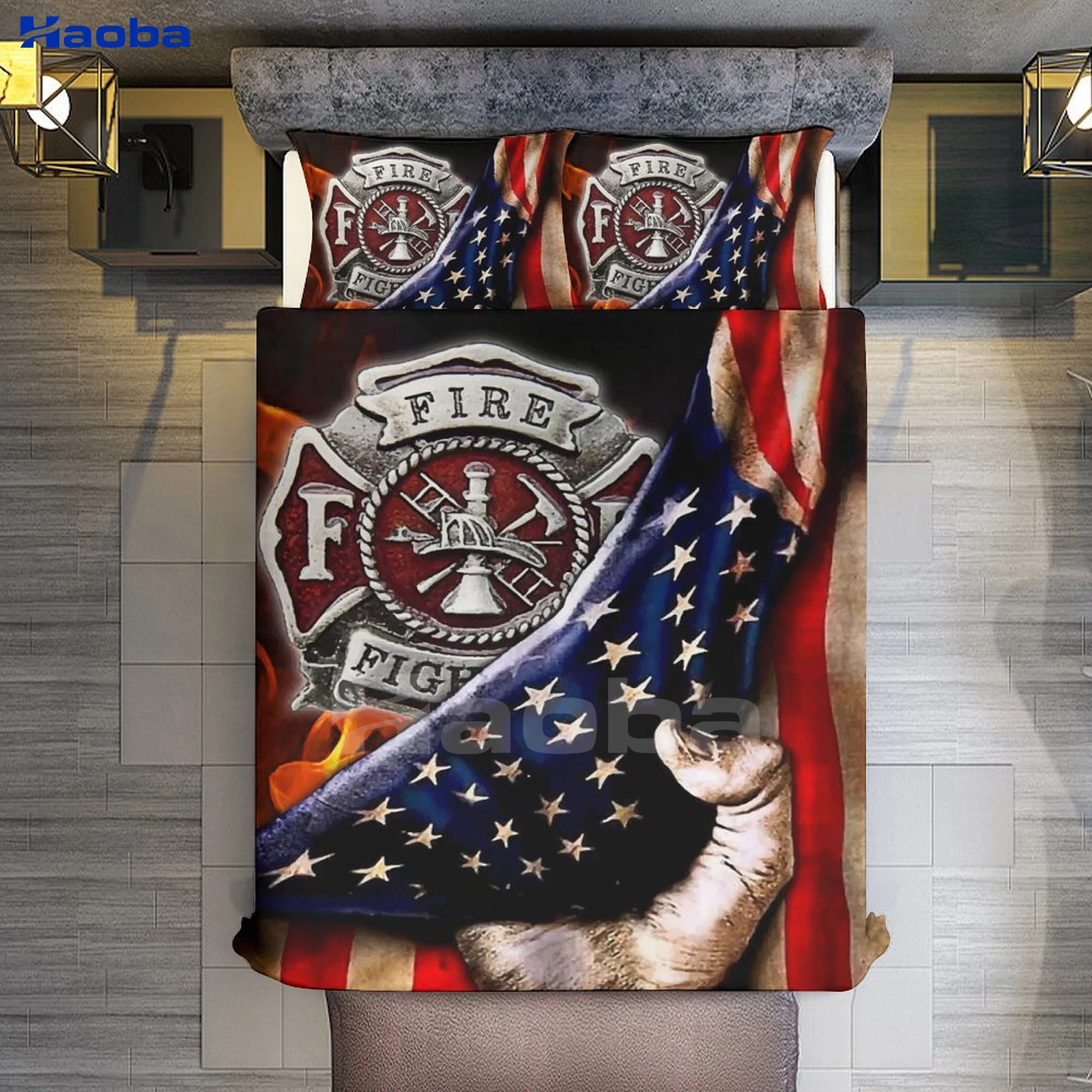 American USA Flag Fire Brigade Three Piece Bedding Set Children or Adults for Beds Quilt Covers Birthday Gifts for Women Men