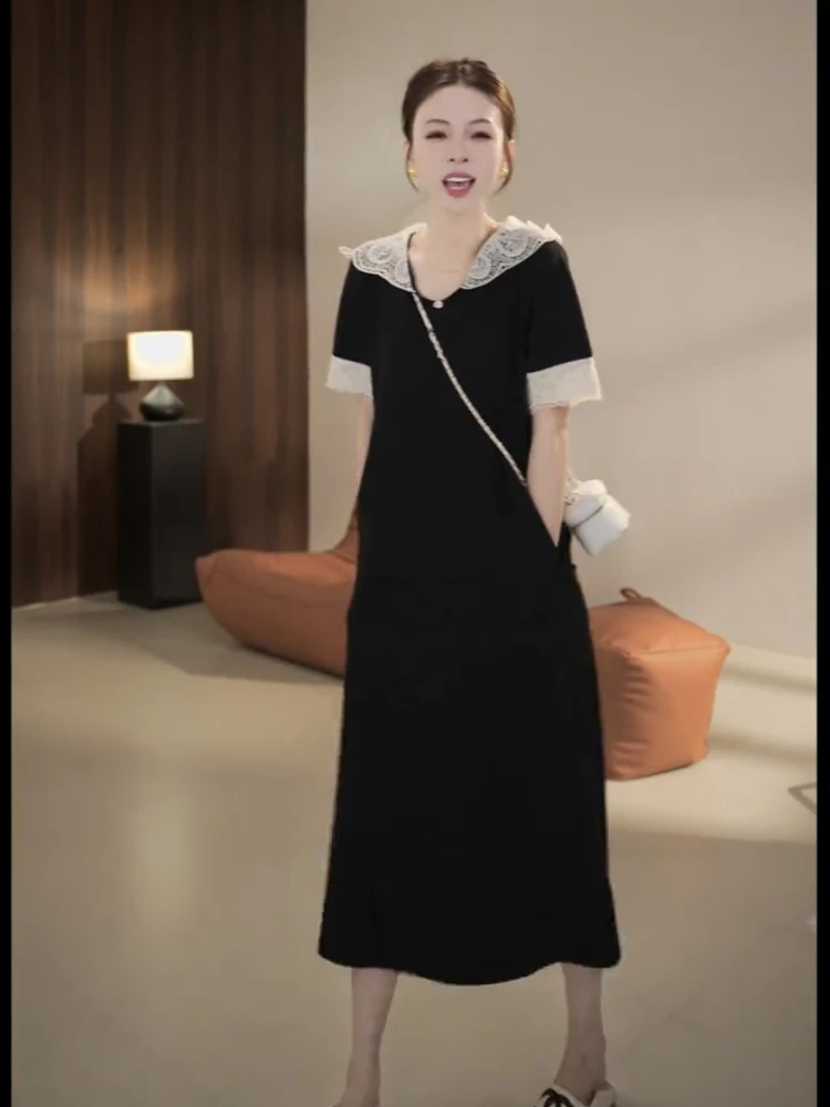 

Slimming Large Size Summer New Sle Little Bla Dr Lace Doll Collar Long Dr Cover Stoh Vintage Casual High Waist A...