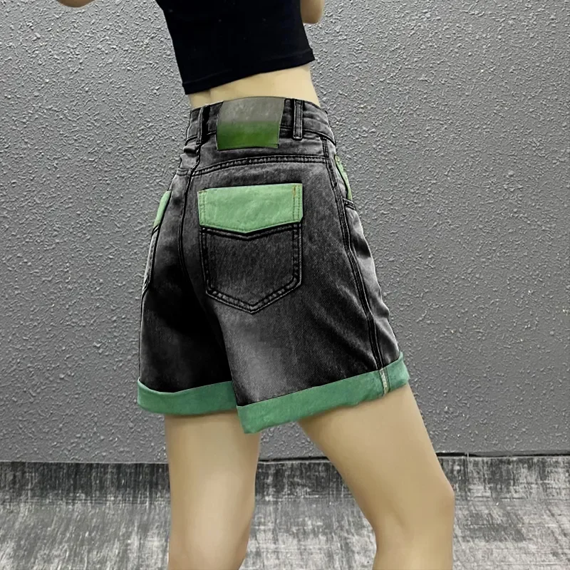 Women's Black Washed Denim Shorts with Green Contrast Pockets Rolled Cuffs High Waist Casual Shorts