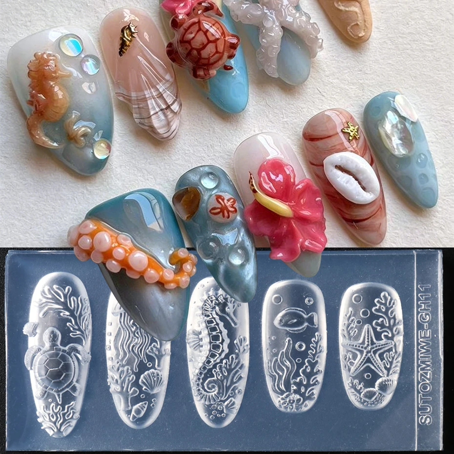 3D Ocean Style Silicone Nail Art Mold Starfish, Jellyfish, Turtles, Coral, Seahorses Marine Life Patterns Nail Mold Nail Tools