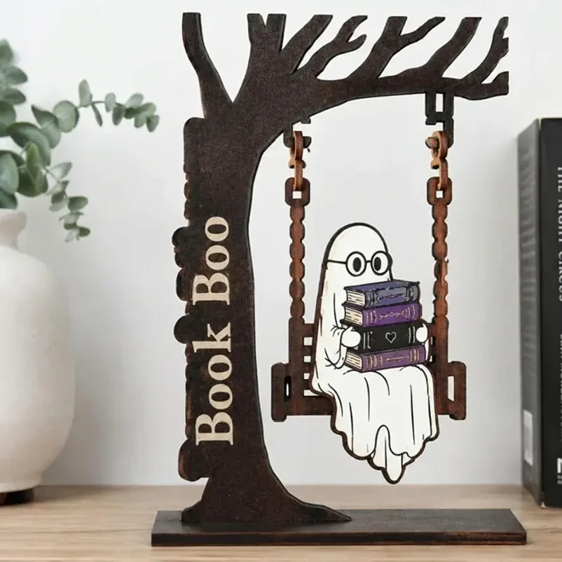 Reading Ghost on Swing Wooden Figurine Hand Carved Statue Spooky Bookshelf Ornament for Halloween Home Decor Study Room Desk