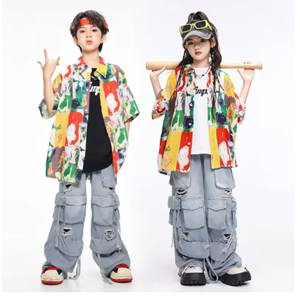 

2025 Jazz Dance Costumes Boys Colorful Graffiti Shirt Hip Hop Denim Trousers Runways Show Trendy Suit Kids Street Dance Wear