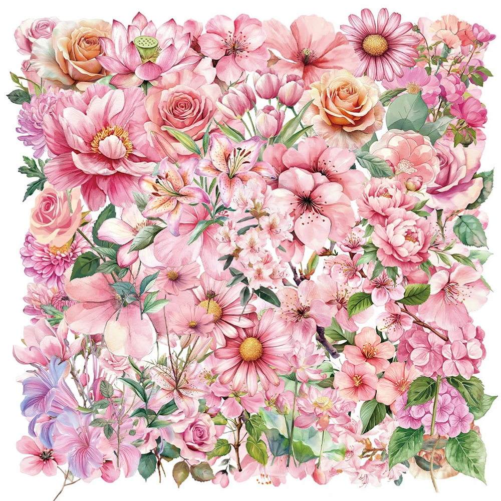 

10/30/50pcs Transparent Romantic Pink Flower Stickers Cartoon Aesthetic Sticker Water Bottle Phone Notebook Graffiti Decals Pack