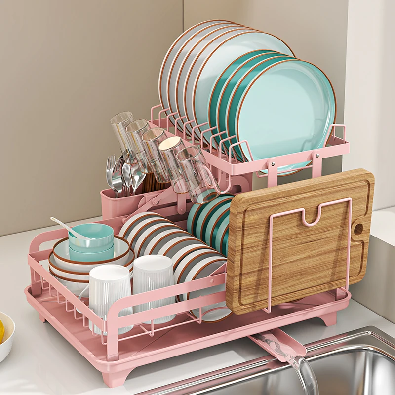 2 Tier Pink Dish Drying Rack with Drainboard | Large Capacity Kitchen Counter Dish Organizer , With Utensil Holder & Accessories