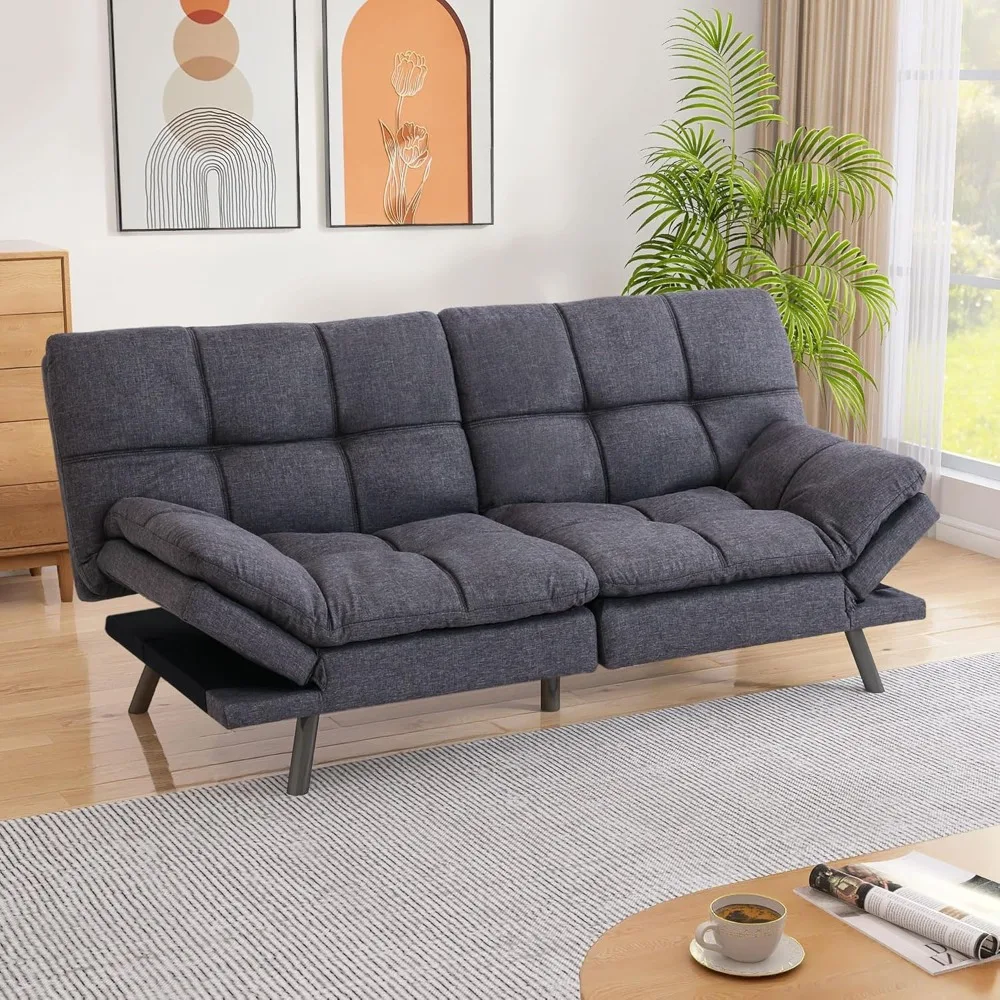 Bed Couch Memory Foam Convertible Modern Sleeper Sofa with Adjustable Armrests and Metal Legs, Grey Sofabed