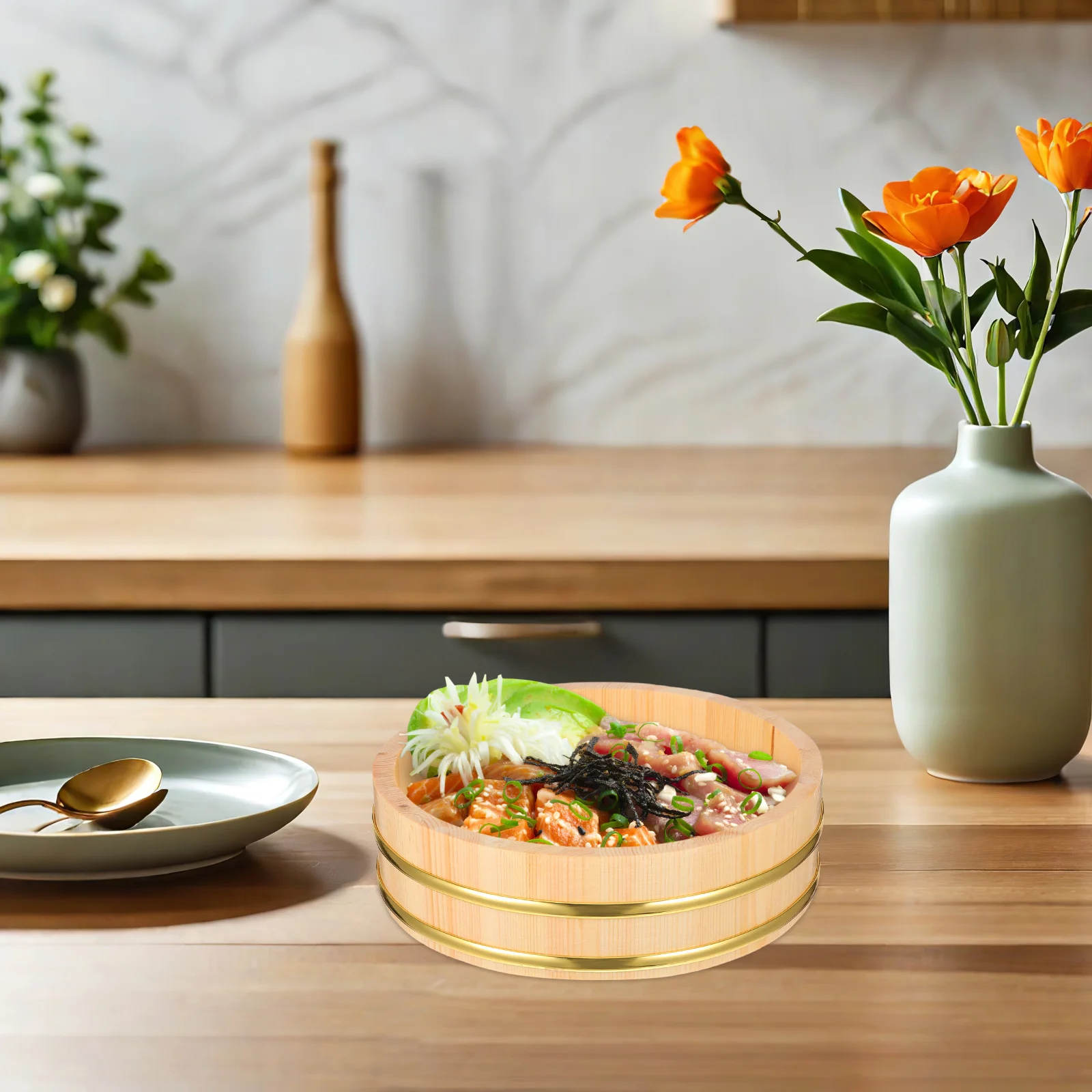 

1pc Large Capacity Japanese Storage Food Sushi Serving Container Wooden Rice Mixing Barrel Restaurant Sushi Container Round Rice