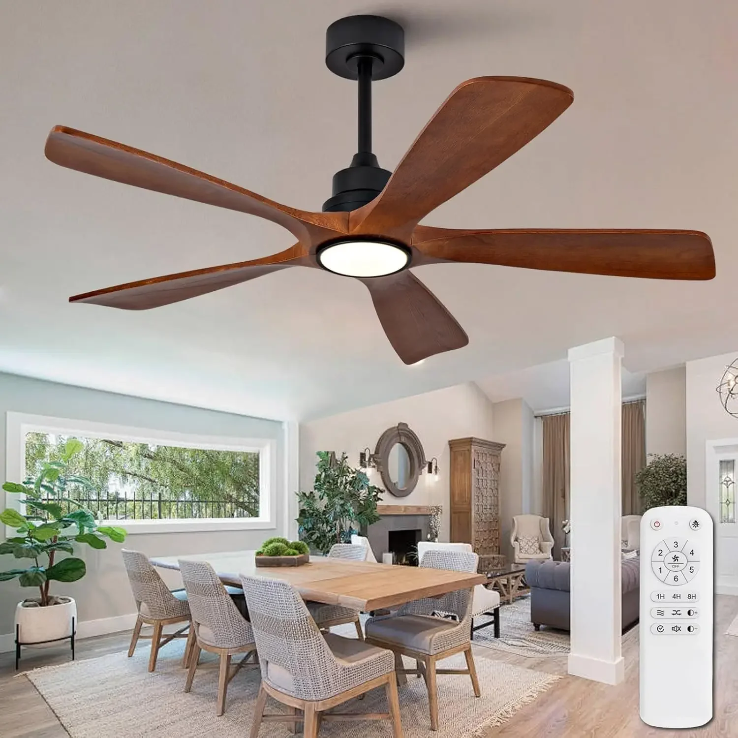 Ventilateurs de plafond en bois avec lumières pour chambre à coucher, bureau intérieur, télécommande, vent à 6 vitesses, noyer noir, 5 pales