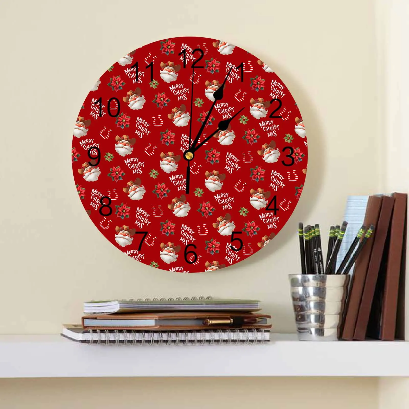 Christmas Cowboy Santa Claus Poinsettia Wall Clock Large Modern Kitchen Dinning Round Wall Clocks Watches Living Room