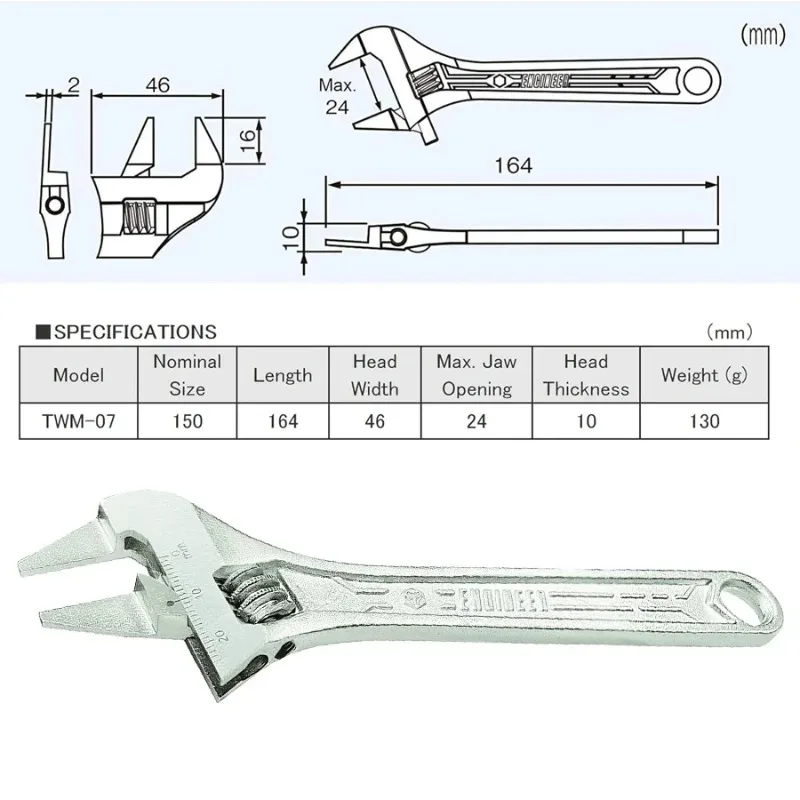 ENGINEER TWM-07 24mm Adjustable Wrench - Multifunctional Open-Ended Thin Pliers, Hand Tool for Versatile Use