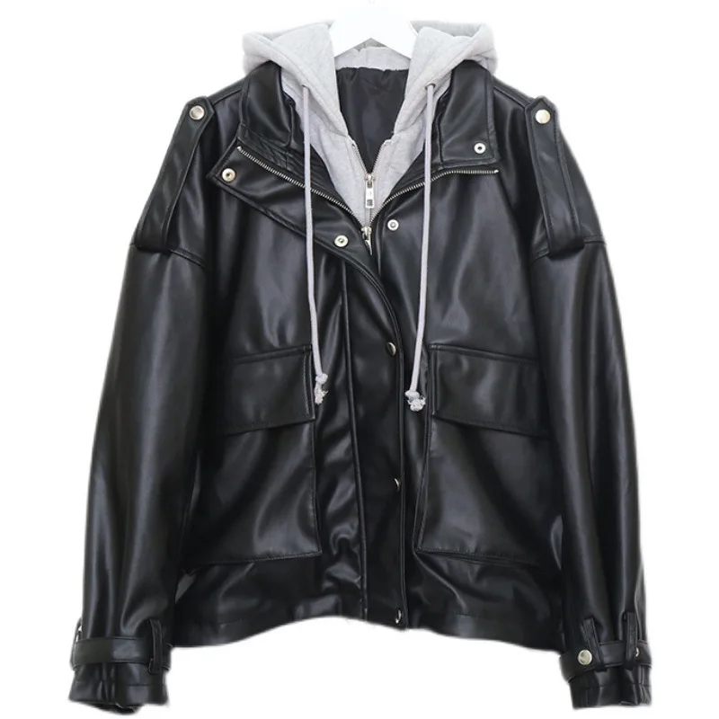 Leather Jacket for Women Autumn Black Hooded Fake Two-piece Patchwork Loose Short Motorcycle Jacket Trend