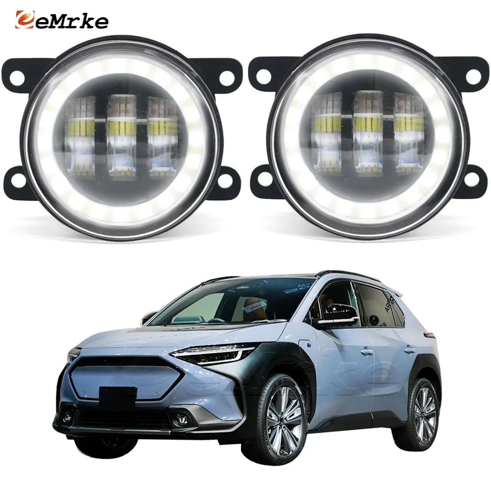 Pair LED Fog Lights Lamp Assembly With Lens For Subaru Solterra 2023 2024 White + Yellow Angel Eyes DRL Ring Halo Signal Light