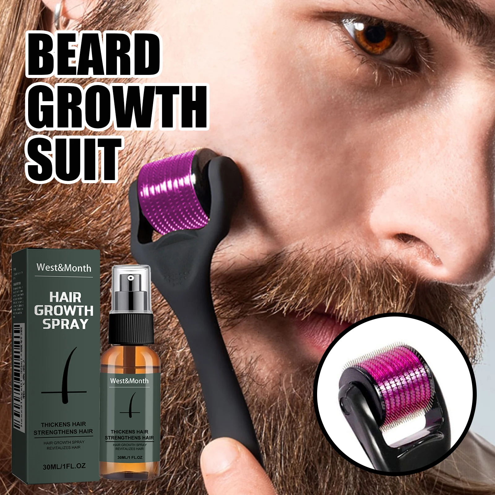 Men's Beard Spray Kit with Micro Roller 0.25mm Moisturizing Thicken Facial Hair Beard Boosting Essence Nourishing Spray Bear