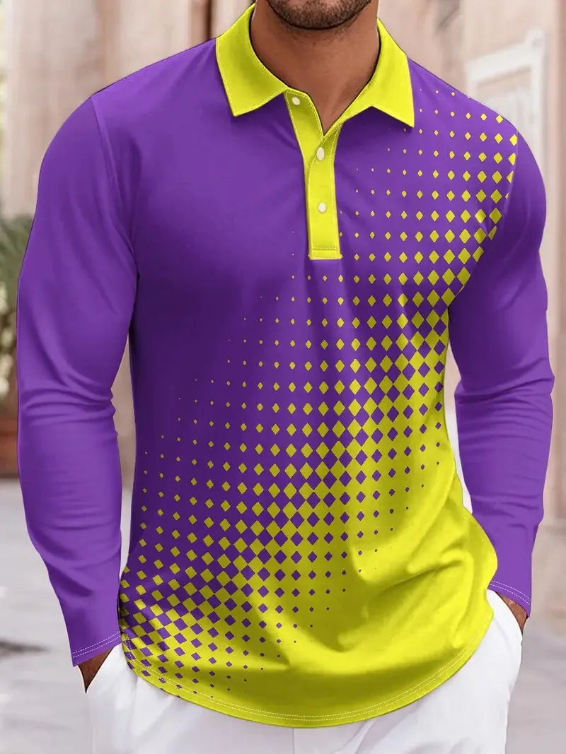 

Fashion color blocking geometric pattern men's long sleeved polo shirts spring and autumn golf sports and casual men's clothing
