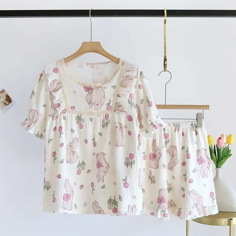 

Spring and Autumn Women's Cotton Yarn Pajamas Set Tulip Rabbit Printing Short Sleeved Shorts 2 Pcs Home Clothing Set
