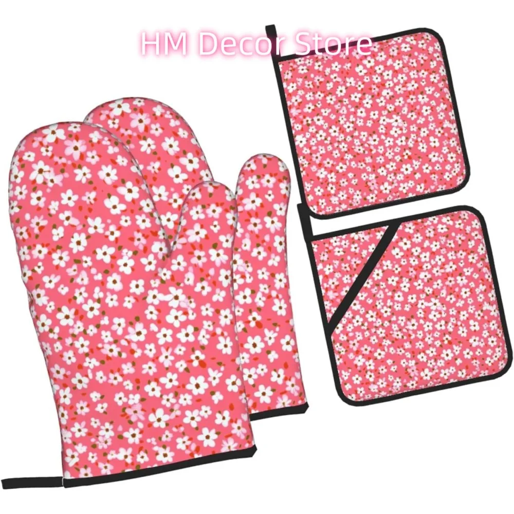 Small White Daisies Oven Mitts and Pot Holders Sets of 4, Aesthetic Plants Country Heat Resistant Oven Mitts,Non-Slip Cooking Gl