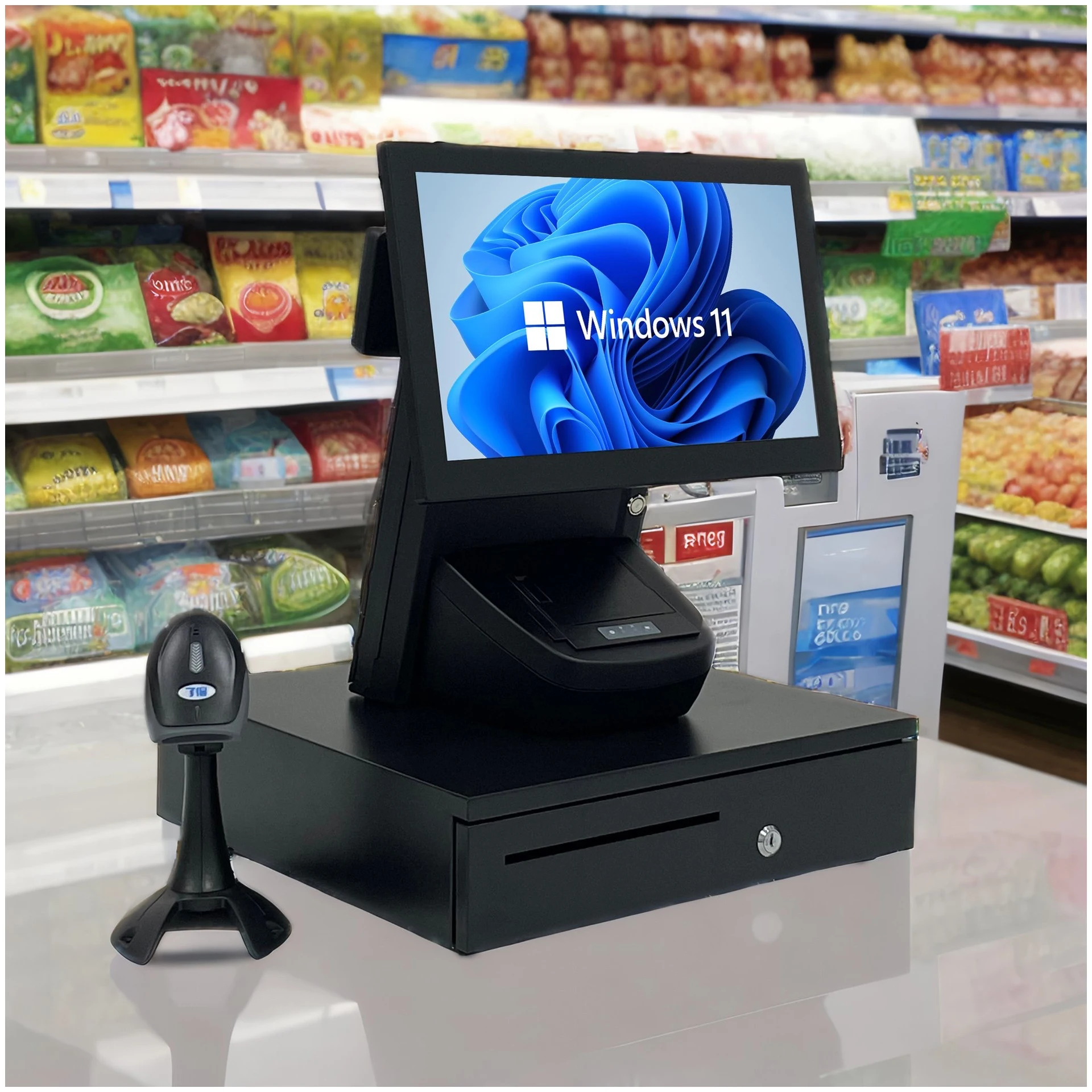 Jesen All in One Point of Sale System with 15.6 Inch Dual Touch Screen and 80mm Receipt Printer High Performance