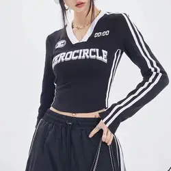 Y2K Sexy Korean Chic Vintage Streetwear Acubi Egirl Long Sleeve T-Shirts Gyaru Grunge Aesthetics V Neck Tight Crop Top Clothes