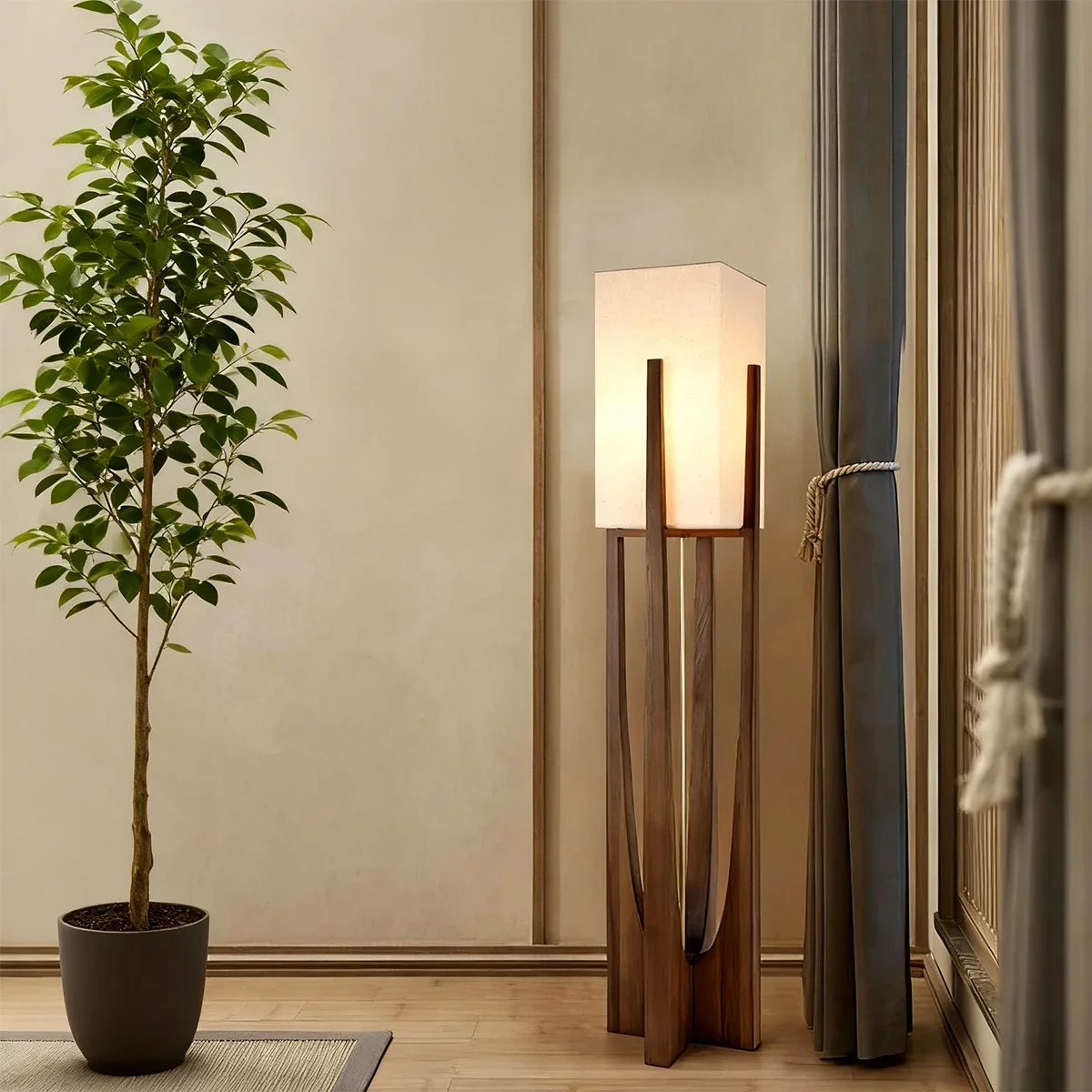 Japanese-style natural solid wood fabric floor lamp removable LED ambient light suitable for living