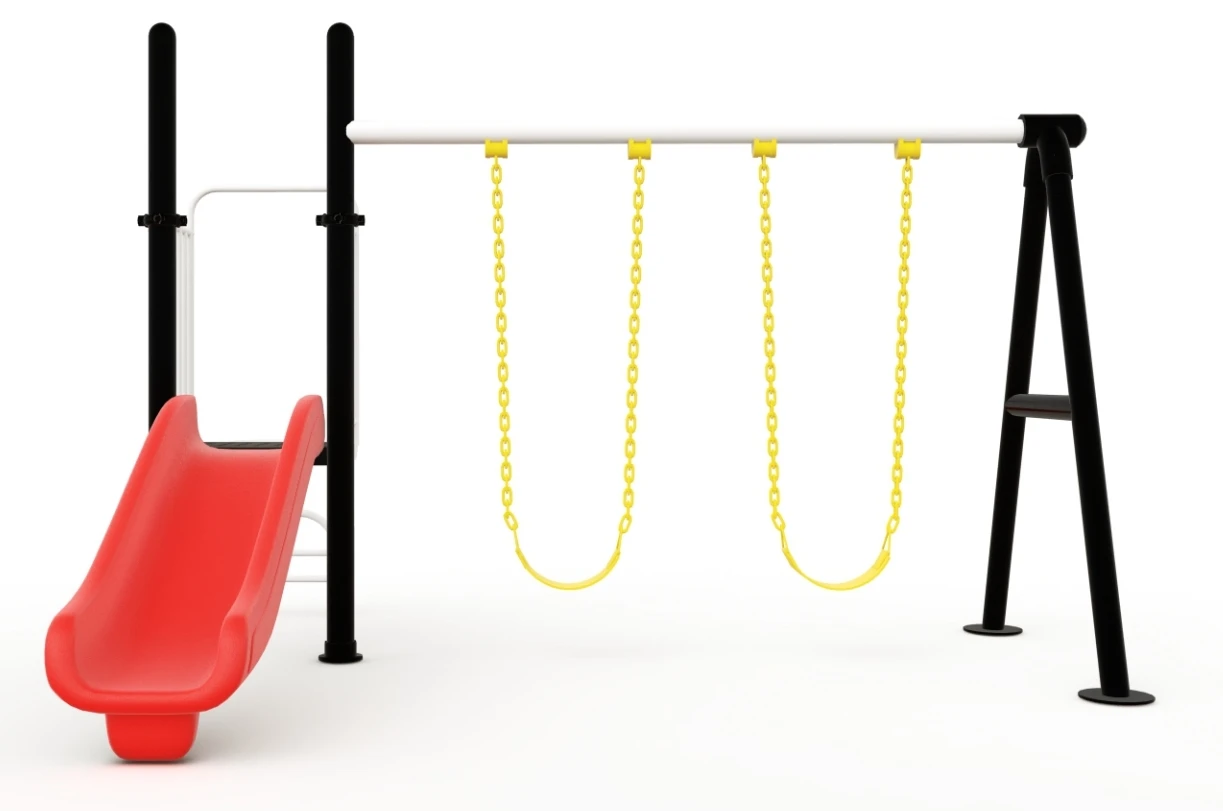 

The most popular outdoor playground equipment for children, with a metal frame combination slide, multiple seats, and swing