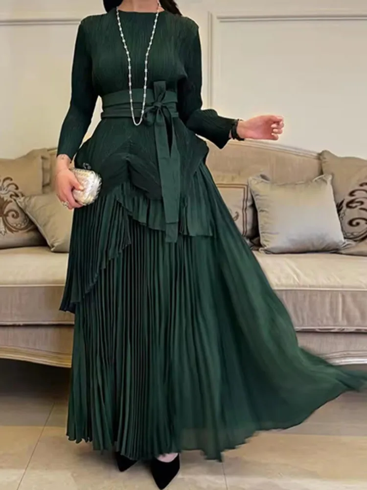 LANMREM Autumn New Party Pleated 2 Piece Set Women Round Neck Irregular Belt Gathered Waist Solid Long Dresses 2024 32C1114