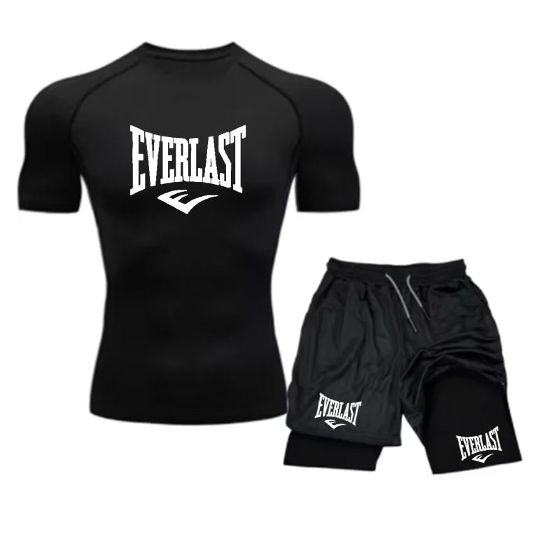 EVERLAST Men\'s Compress Shirt + 2-in-1 sports shorts 2pcs Set Leisure Breath Short Sleeve Sport Jogging Gym Brand Print Clothing