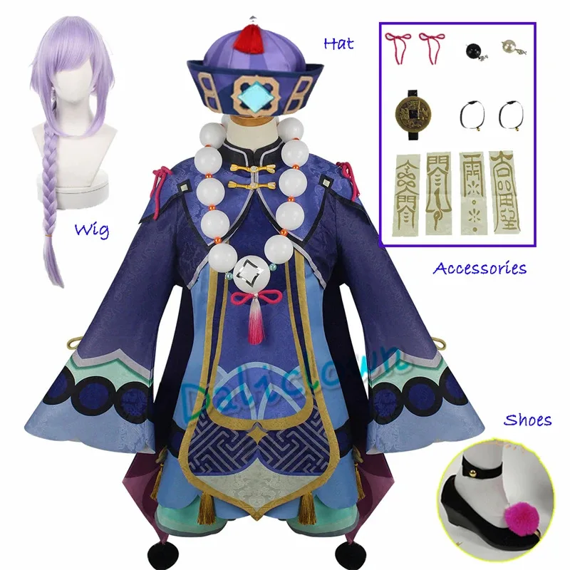 Genshin impacto qiqi cosplay anime figura-conjunto de fantasia de halloween feminino com vestido zumbi peruca e sapatos
