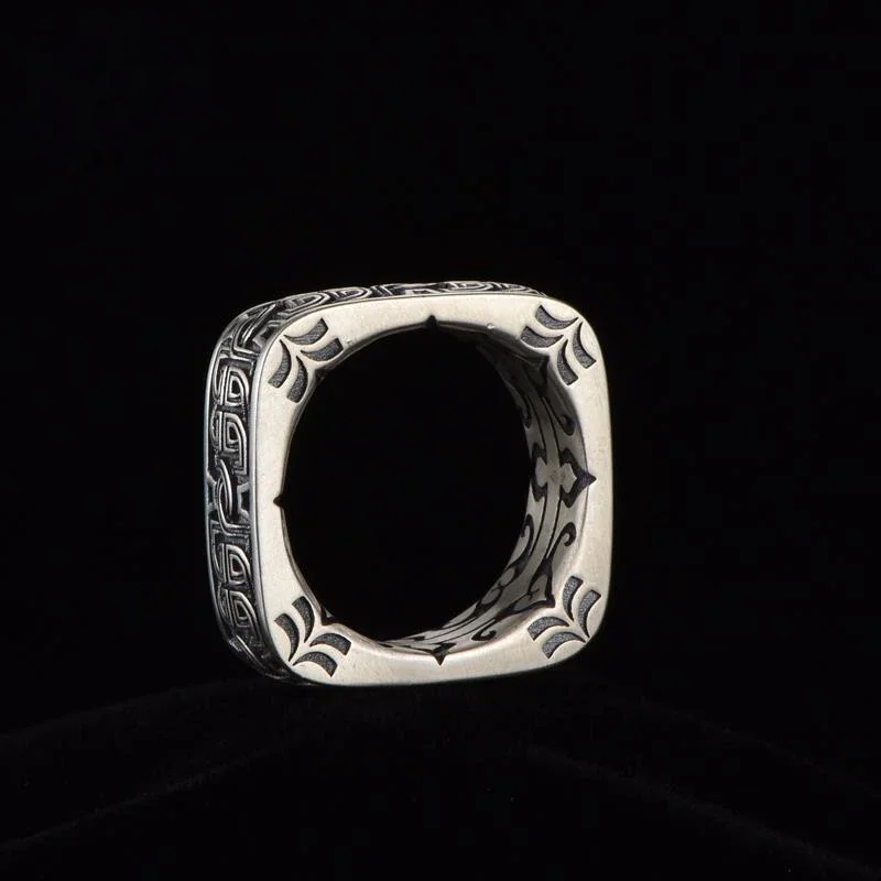 HX Silver Color Men's Ring Retro Square Round Pangu Trend Personality Domineering Handmade Ring Jewelry Accessories