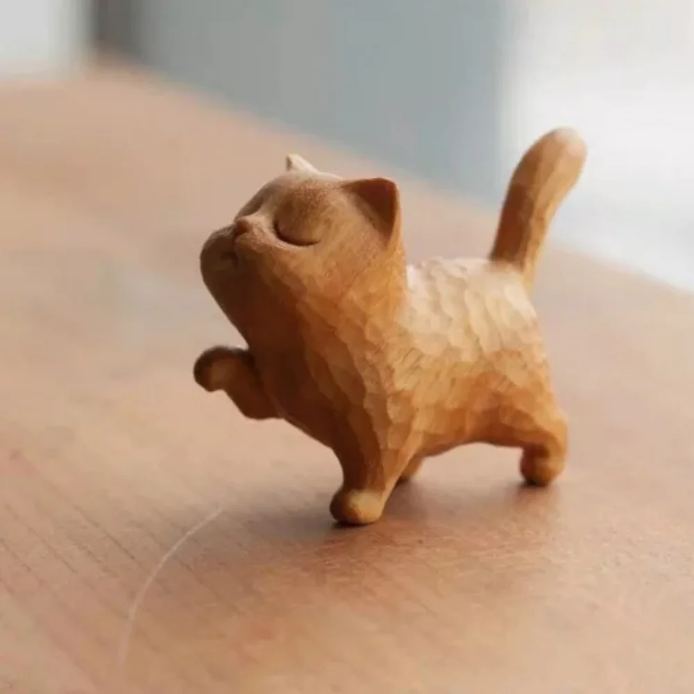 A tsundere cat -- Wooden Statue animal Carving Wood Figure Decor Children Gift W