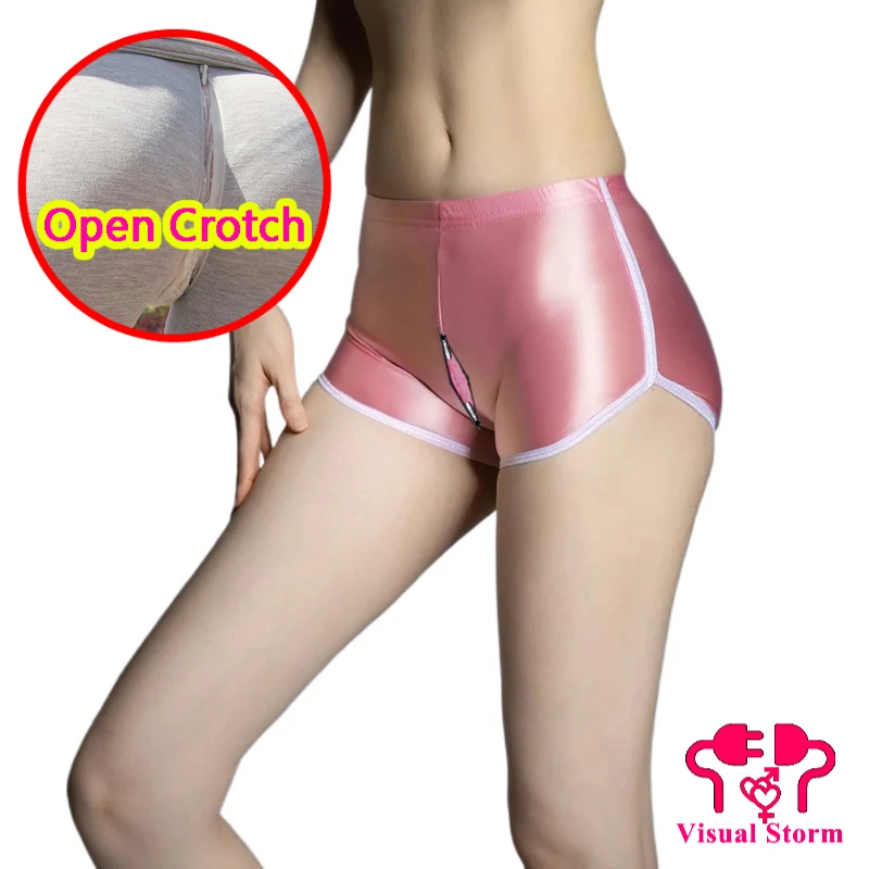 

Women's Sexy Glossy Open Crotch Panties Solid Color Boyshorts Outdoor Play Easy Comfortable Underwear Female Crotchless Boxers