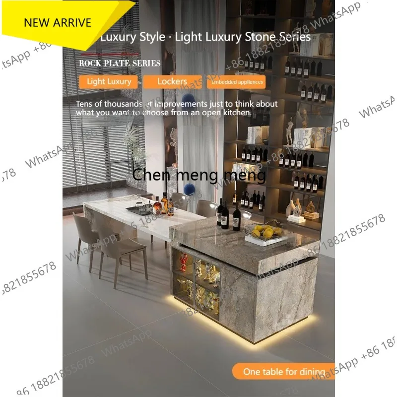 G153 Italian light luxury Style Kitchen Island w/Glass Door Storage -Custom Stone Table & Heat-Resistant Countertop for Modern H