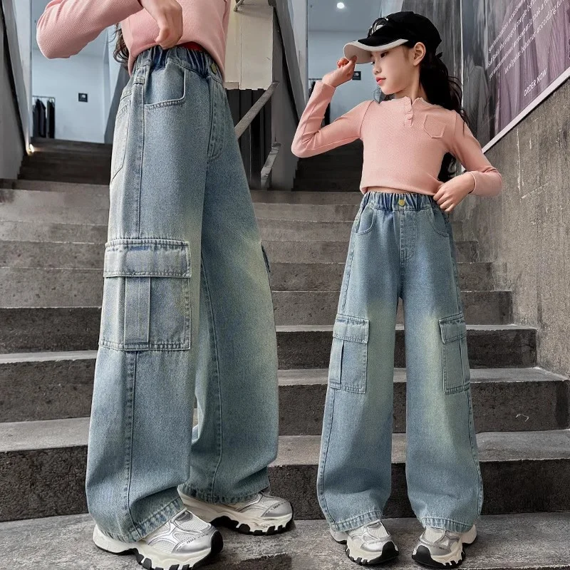 

Girls Cargo Demin Pants Autumn Kids Wide-legged Jeans Teenagers Fashion Streetwear Baggy Trousers Children Clothes 5-14 Years