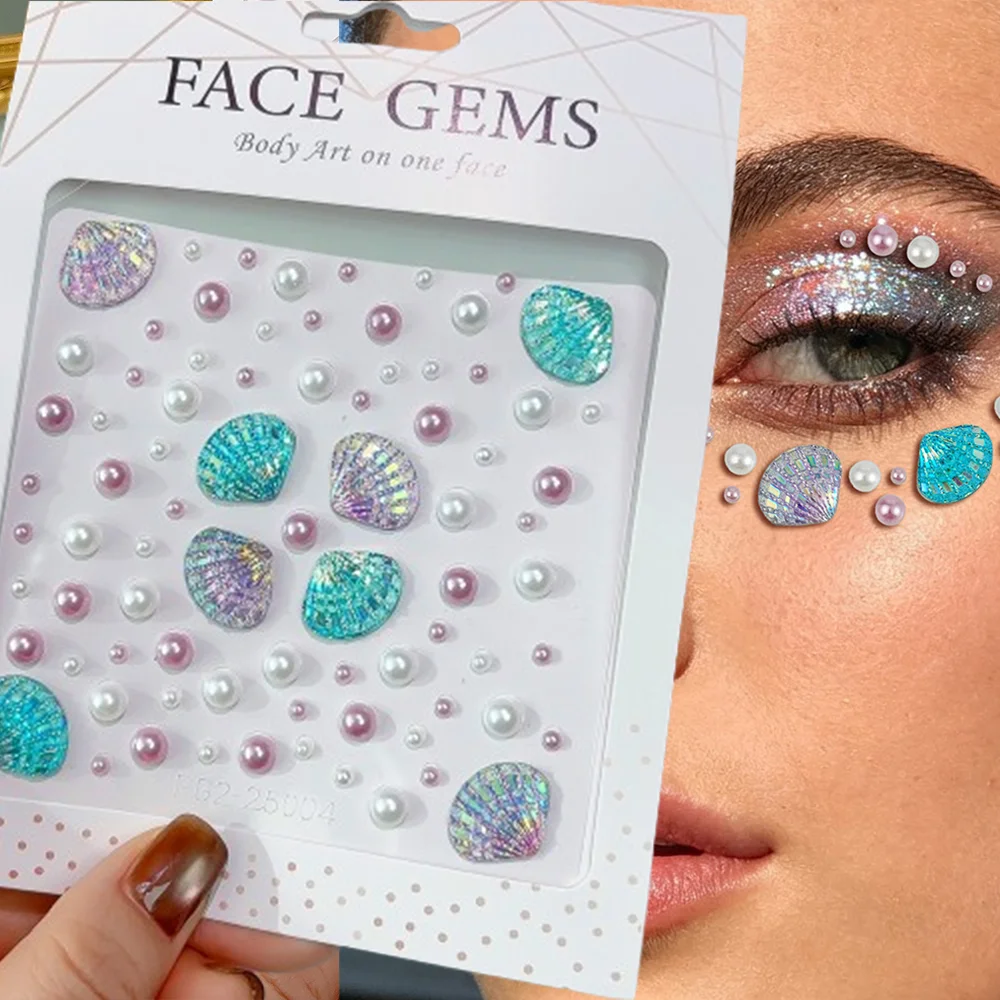 1 vel 3D dromerige schelp parel edelstenen gezicht stickers sprankelende zeemeermin diamant tijdelijke tatoeages DIY body art podium make-up strass - afbeelding 2