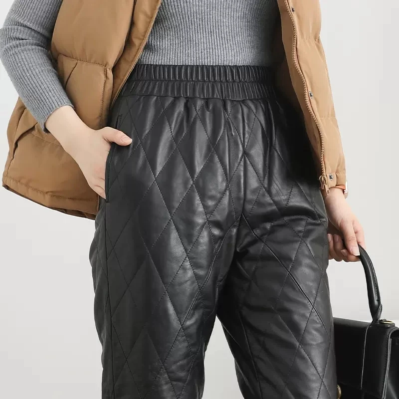 Thickened Leather Pants For Women 2023 Winter European 100% Sheep Skin Cropped Trousers Casual Outdoor Windproof Pantalon Femme