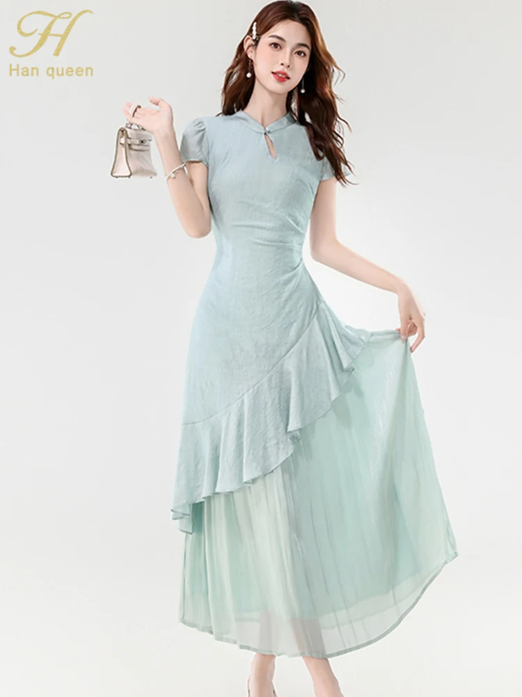 

H Han Queen 2025 Summer Elegant Short Sleeve Long Dress Irregular Ruffle Slim Chic Casual Office Party Dresses Woman Clothing