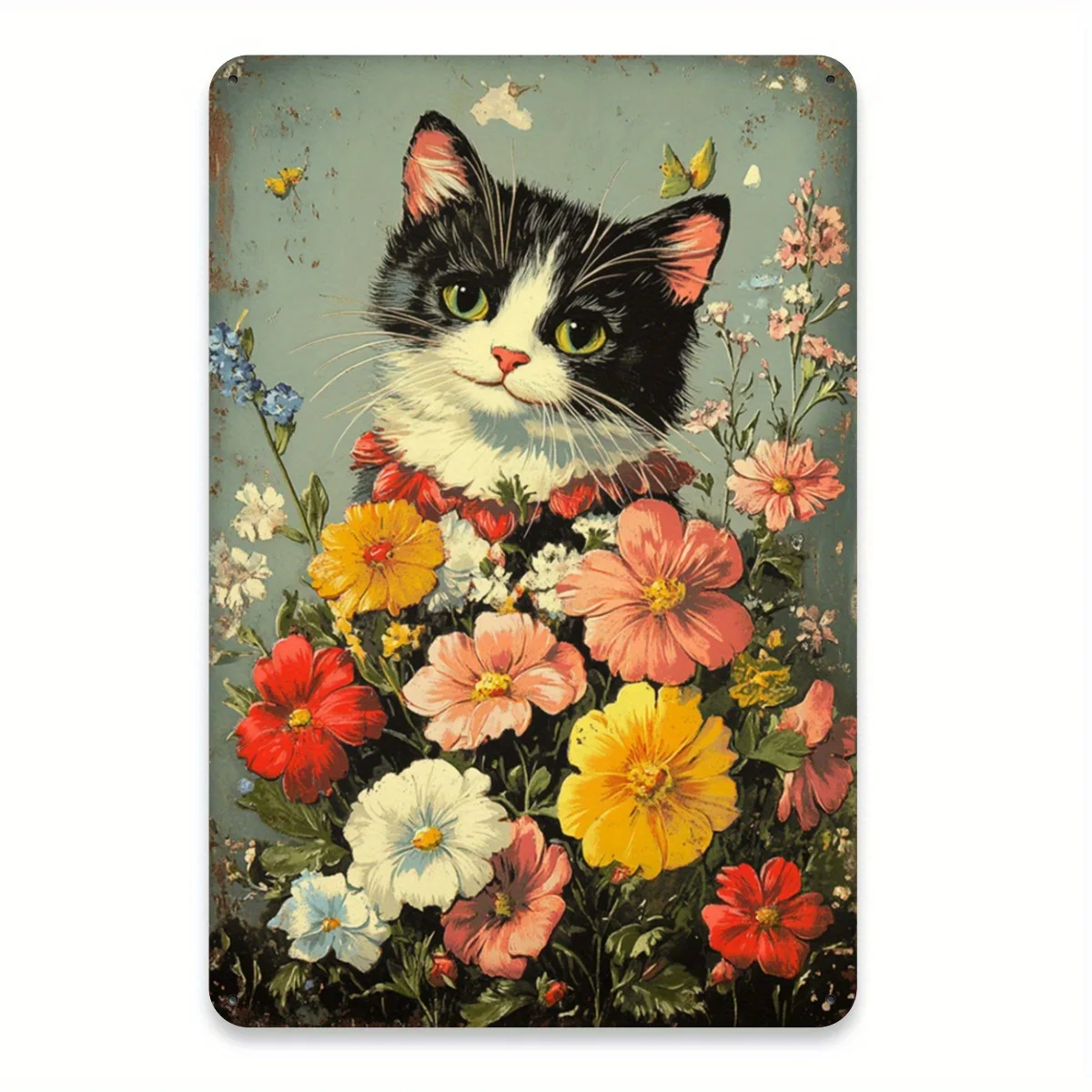 A vintage cat gardener metal plate with an iron structure, suitable for homes, restaurants, bars and cafes