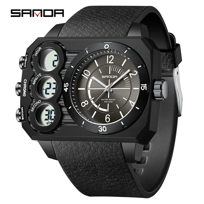 SANDA 6237 Big Dial Multi functional Waterproof Night Light Alarm Clock Sports Outdoor Silicone Strap Watch Men's montres hommes