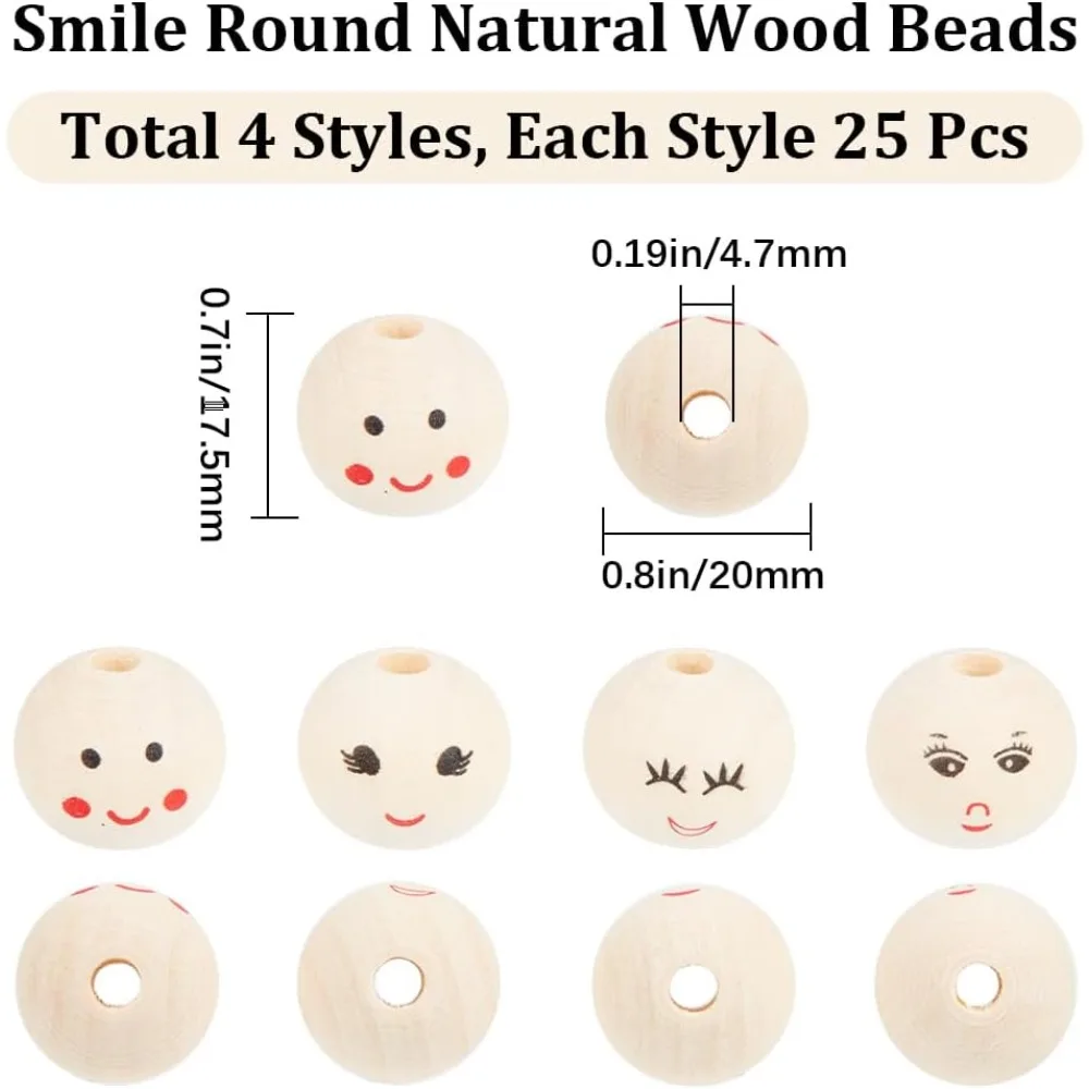 100Pcs 4 Styles Smile Wooden Beads 20mm Natural Wood Beads Round Ball Doll Head Bead with 4.7mm Hole Laughing Face Printed Loose