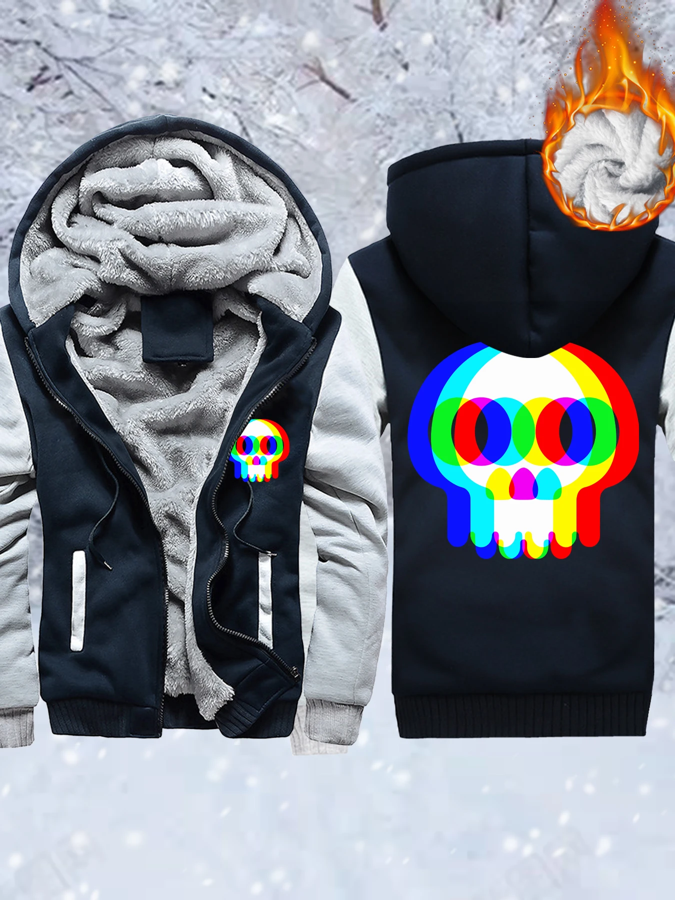 Felpa da uomo con motivo teschio colorato e alucinazione, cappotto spesso, morbido streetwear, giacca da esterno in pile di alta qualità
