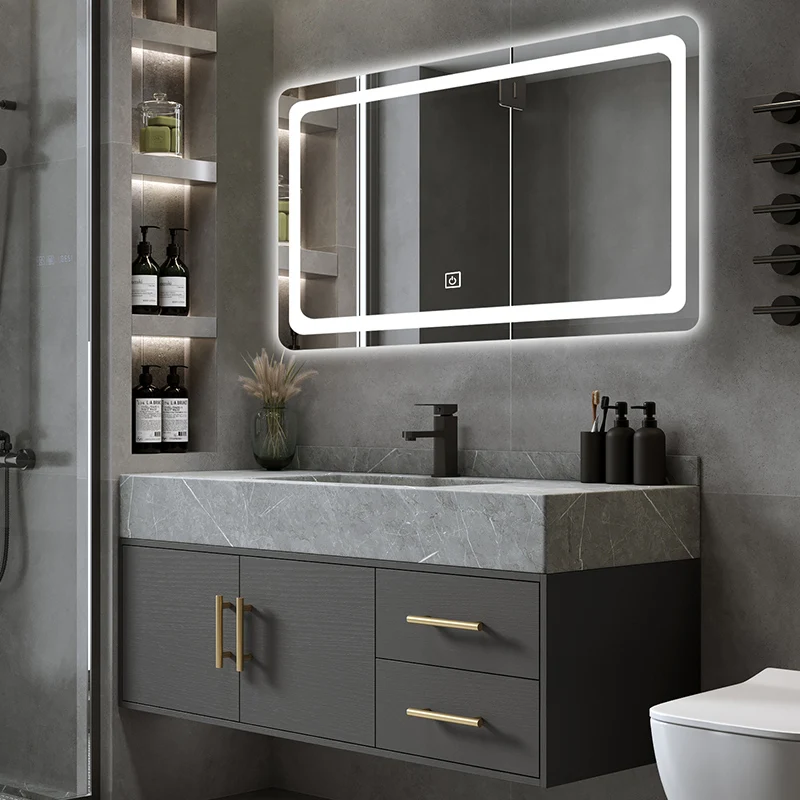 

Hot Selling Bathroom Cabinet with LED Mirror Cabinet Marble Sinks Plywood Bathroom Vanities